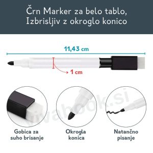 Marker za belo tablo, izbrisljiv, 1 kos, z okroglo konico, črn