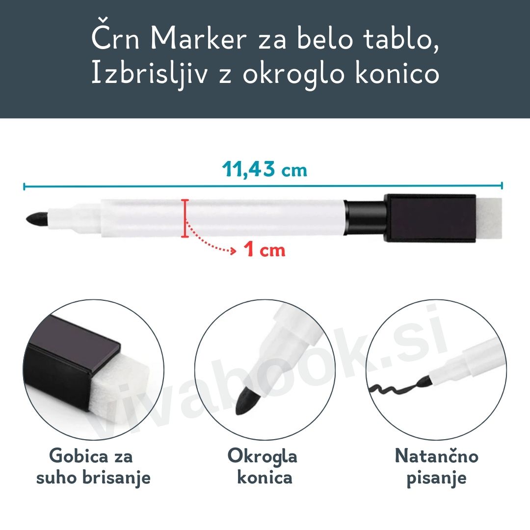 Marker za belo tablo, izbrisljiv, 1 kos, z okroglo konico, črn